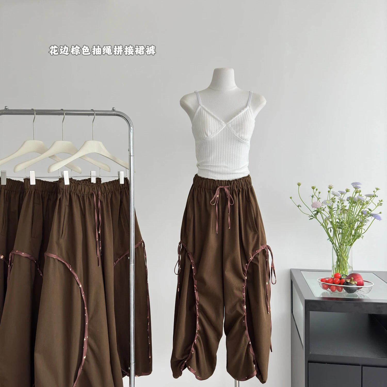 

Women's Spring Summer Irregular Drawstring Culottes Pants Lady Streetwear Cotton Wide Leg Loose Pants