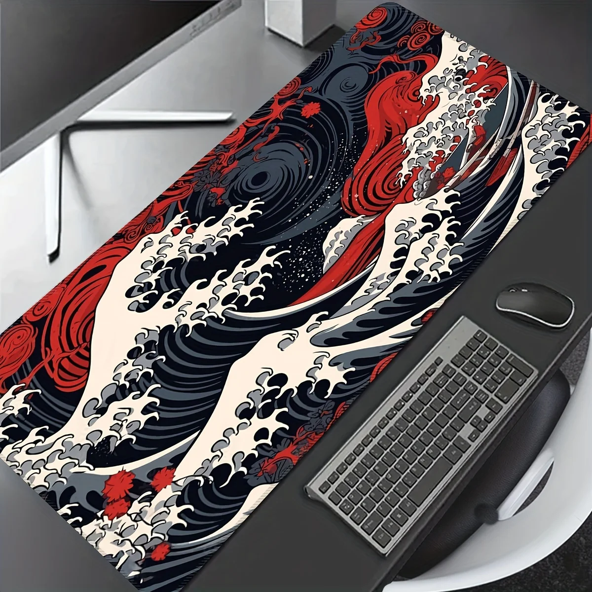 Red Wave Large Gaming Mouse Pad - Extended Non-Slip Rubber Computer Desk Mat with Precision Stitched Edges, Washable Oblong Rect