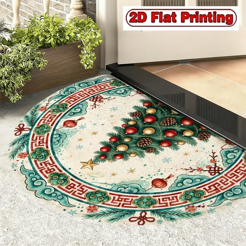 Chinoiserie Style Christmas Tree Semi Circle Doormat Retro Clouds Welcome Mat