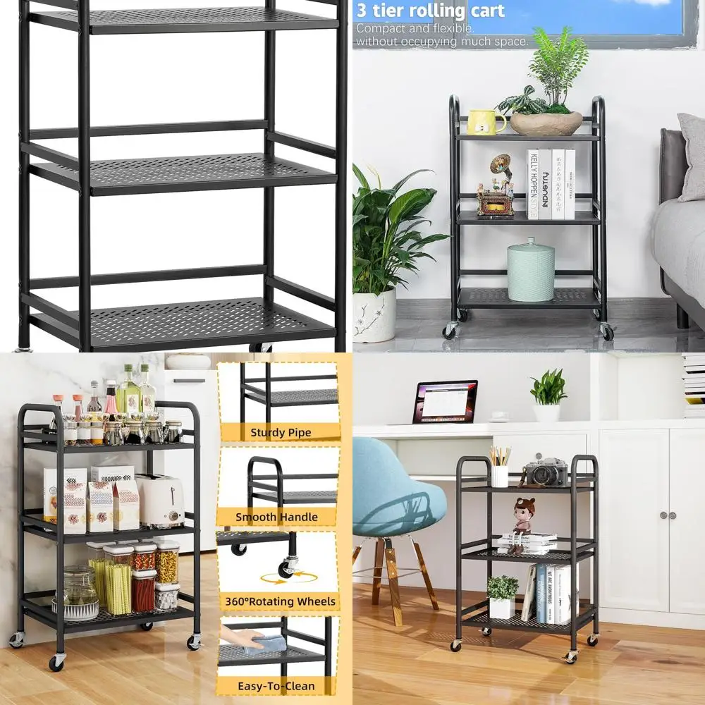 

Sturdy 3-Tier Mesh Cart with Lockable Wheels - Holds 22 Lbs Each, Ideal for Home, Office, Kitchen, and Bathroom Use in Black
