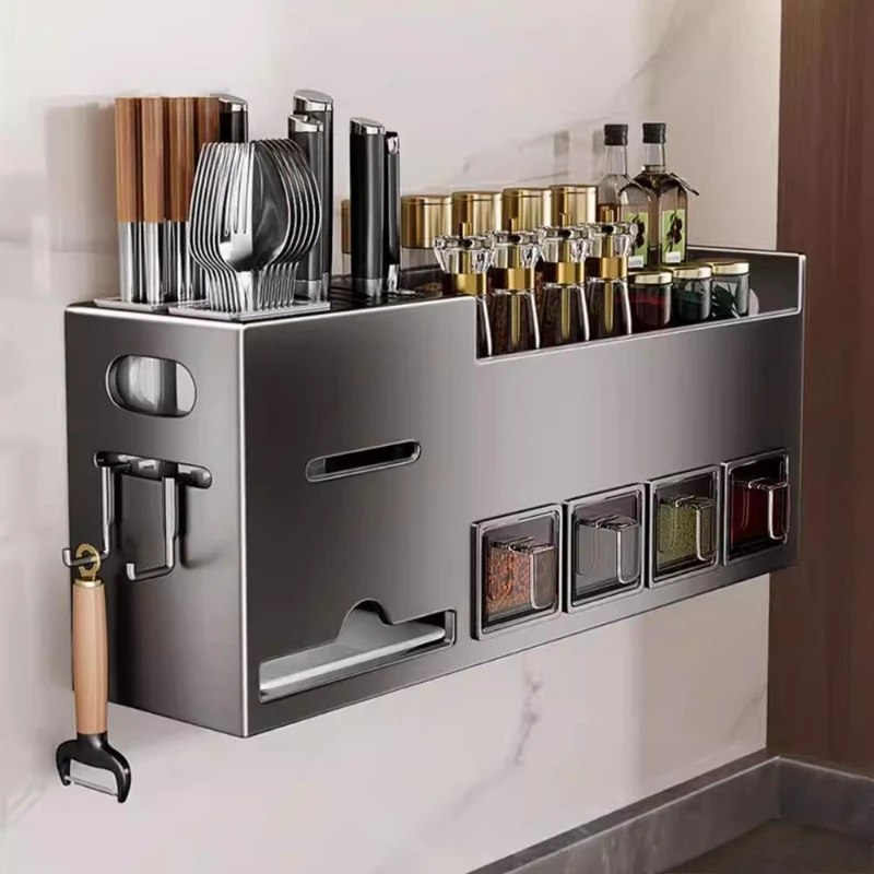 Wall Mounted Kitchen Organizer, No Drill Stainless Steel Rack for Spices, Knives & Utensils, All-in-One Space Saving Shelf