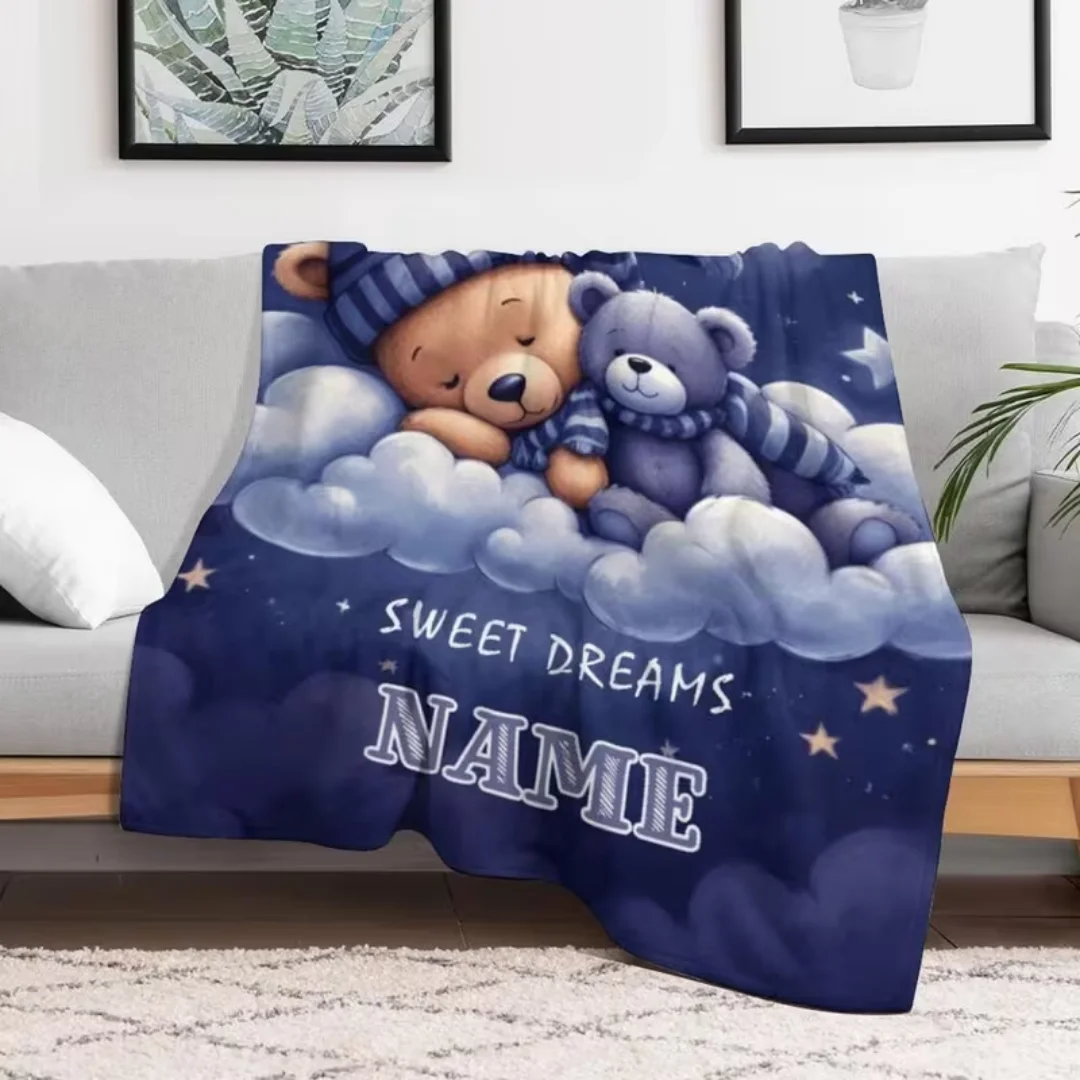 Custom Name Goodnight Bear Flannel Blanket, Soft Light Warm Throw for Sofa Bed Outdoor