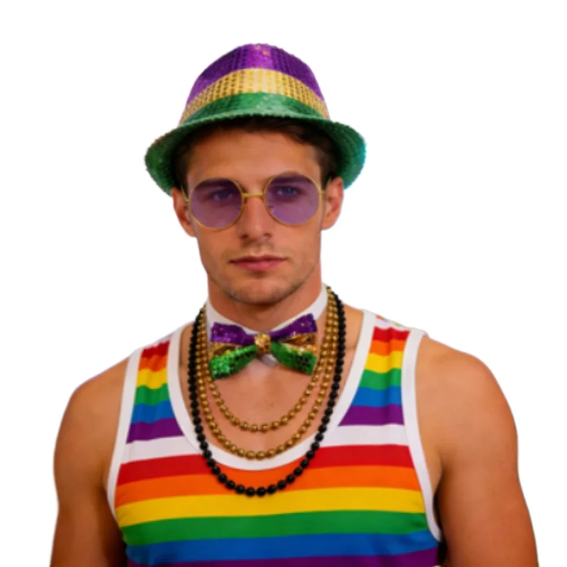 อุปกรณ์เสริมชุดเทศกาลมาร์ดิกราส์: หมวกปักเลื่อม, เนคไทโบว์, สร้อยคอลูกปัด, แว่นกันแดด ชุดสีสันสดใสสำหรับการแต่งกายในงานคาร์นิวัล