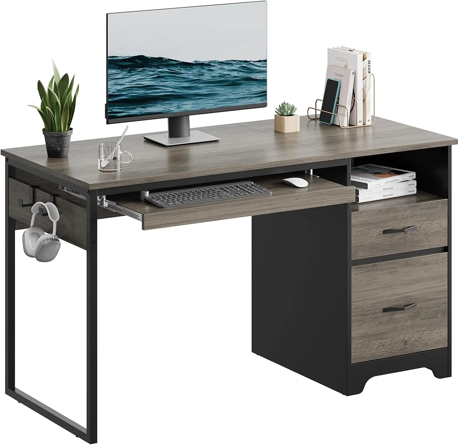 Bestier 48” Computer Desk With Drawers, Office Desk With Storage, Industrial Wood Writing Desk With File Drawer, Keyboard Tray