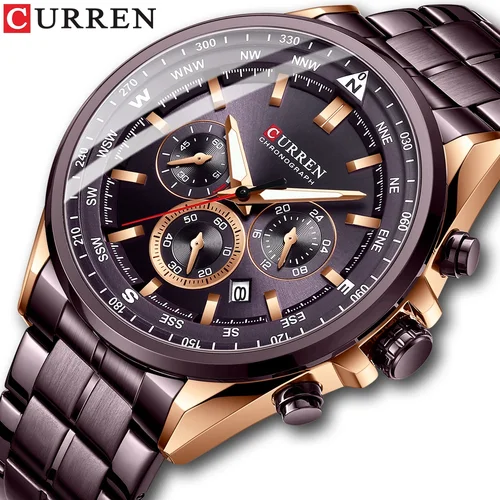 Imagen 2 del producto Relojes CURREN de marca de lujo para hombre, reloj de pulsera deportivo informal de cuarzo con banda de acero inoxidable, reloj cronógrafo masculino plateado