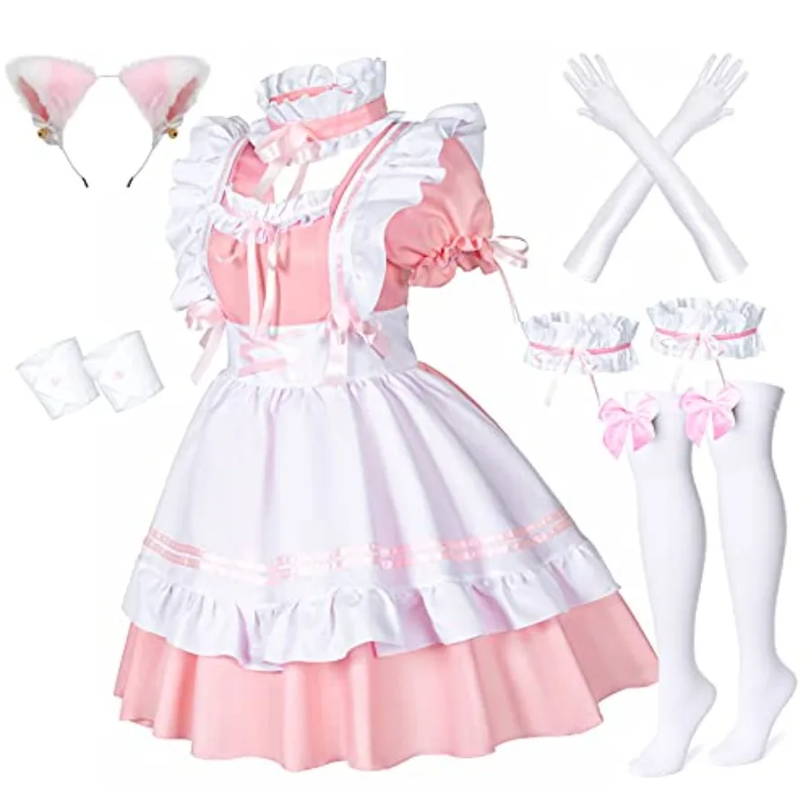

Anime French Maid Apron Lolita Fancy Dress Cosplay Costume Furry Cat Ear Gloves Socks set S