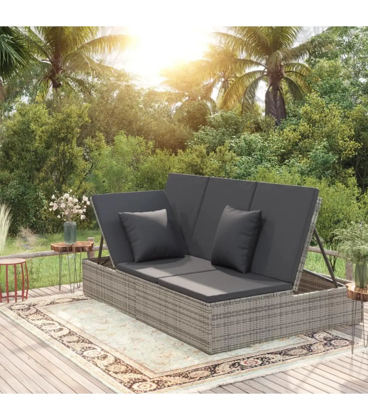 Outdoor beds double convertible lounger and dark gray synthetic rattan cushions