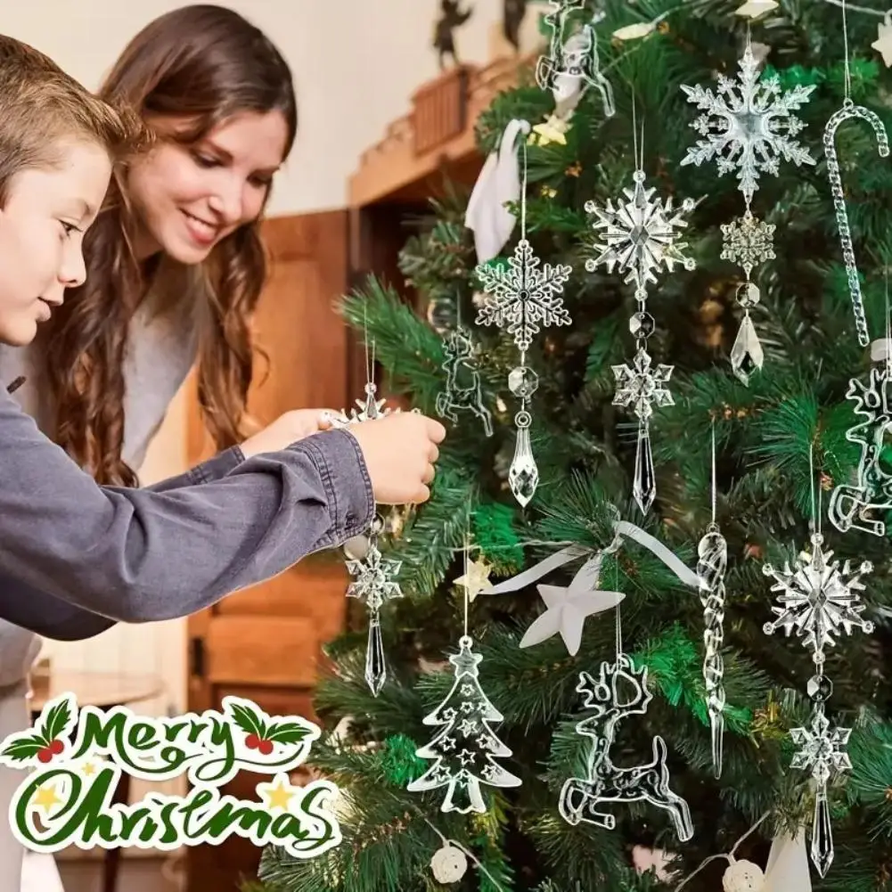 18 peças de enfeites de Natal em acrílico transparente, com motivos de floco de neve, rena e gelo, para pendurar na árvore de Natal, para decoração de casa e festas.