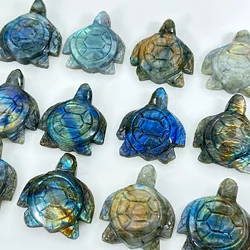 1pc Natural Crystal Labradorite Turtle Carving, Sparkly Blue Flash Gemstone Reiki Handcarved Animal Statue Ornaments For Home D