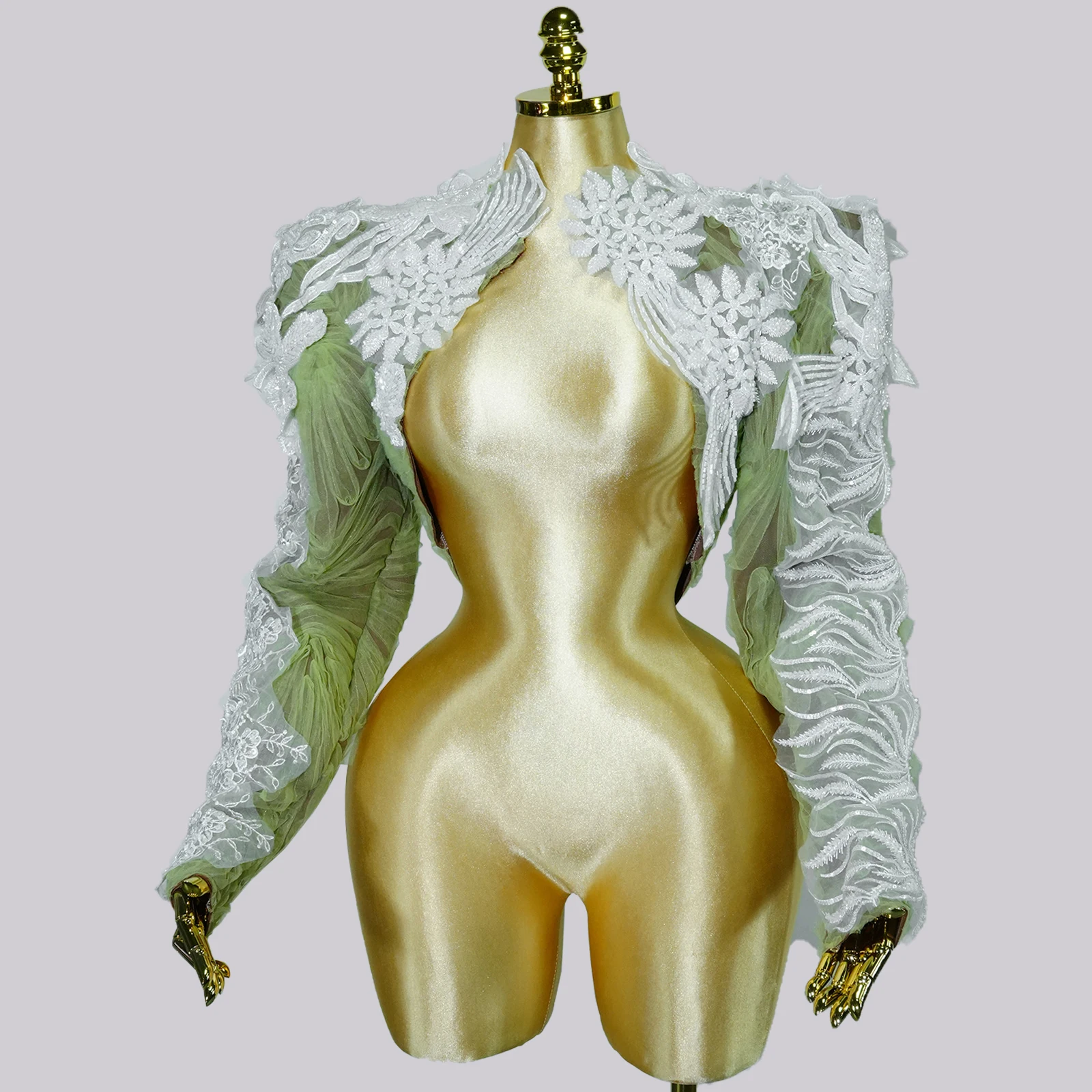 

Gogo Costumes Green Flower Jazz Coat Lace Drag Queen Festival Party Singer Stage Outfit Performance Dancewear Top NightClub Show