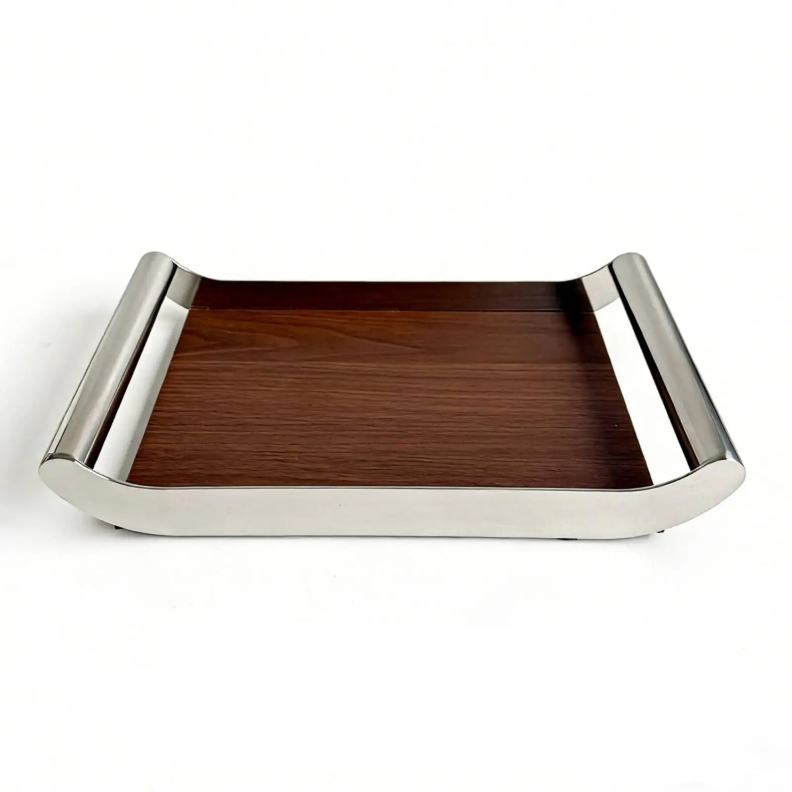 Wooden tray with metal handles, modern rectangular serving tray made of wood