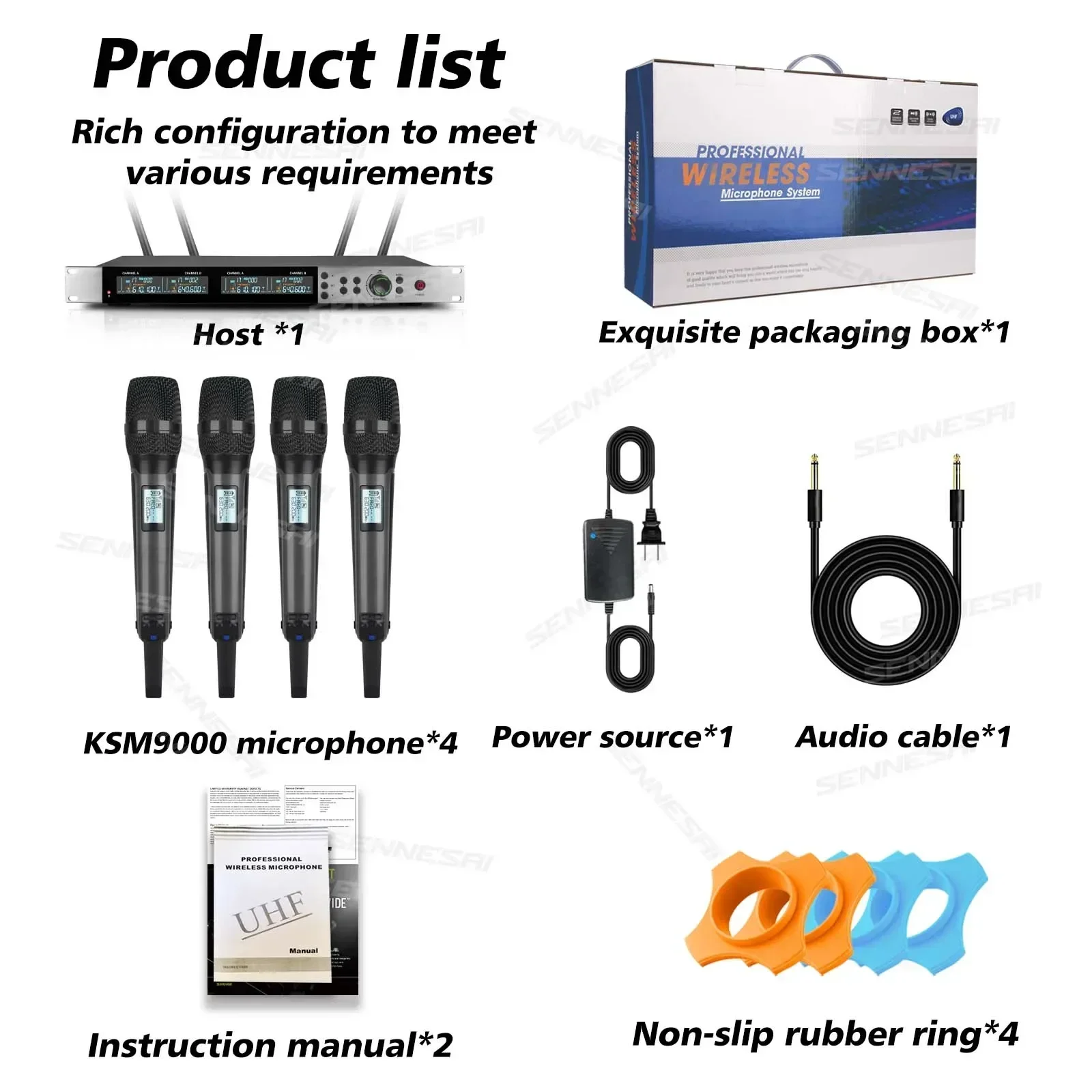 SKM9200/9000 Wireless Microphone (Whole Metal)  4 Channels UHF Professional Mic Dynamic Handheld For Party Karaoke Church Stage