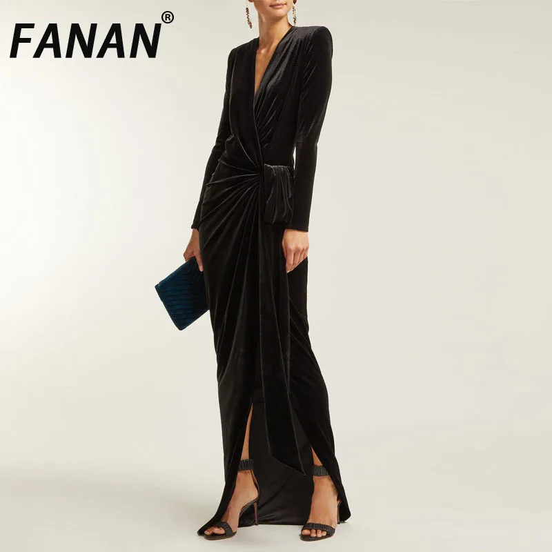 

FANAN Elegant Dress Asymmetrical Deep V-neck Pleated Velvet Split Women's Evening Party Dresses 2025 Spring Autumn New Fashion
