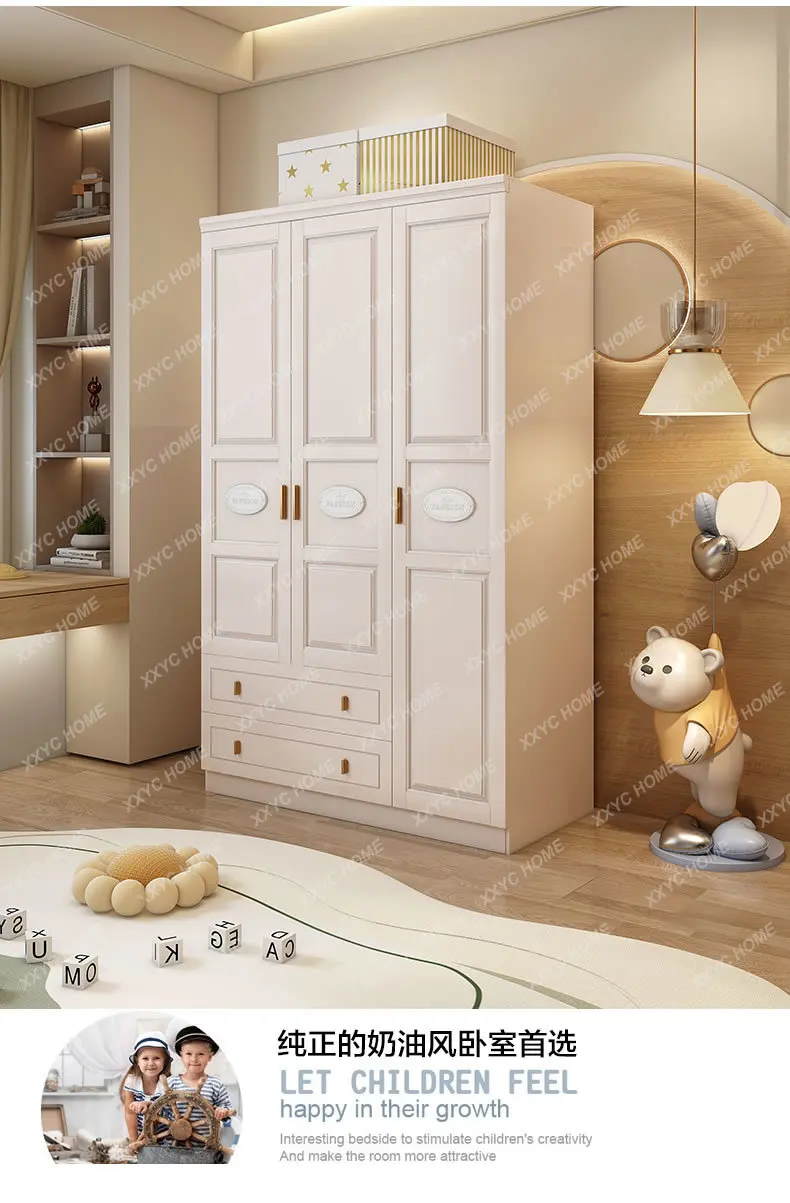 All solid wood finished wardrobe bedroom home modern simple cream wind three doors with drawers storage