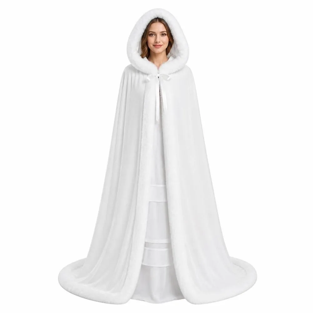 New Winter Lady's Velvet Hooded White Thicked Bride Long Shawl Santa Claus Cloak Christmas Cosplay Costumes