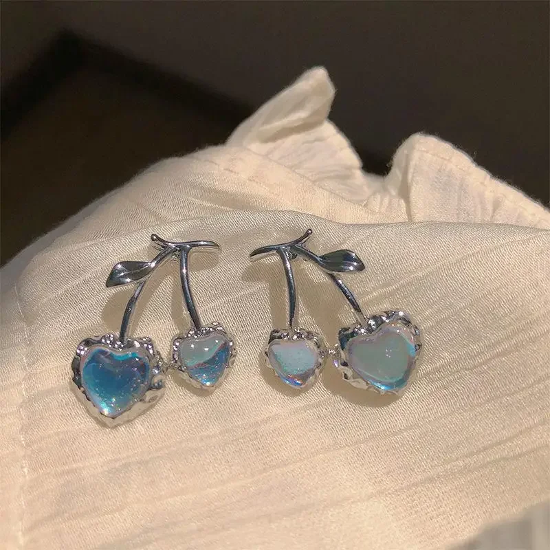 2025 New Sweet Cute Blue Moonstone Cherry Earrings for Women Fruit Statement Dangle Earring Wedding Party Korean Jewelry Gifts