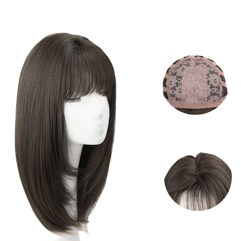 Ashely 黒かつらショートストレート 16 インチヘアウィッグ前髪ヘッドバンドかつら高温繊維合成かつらロリータコスプレ