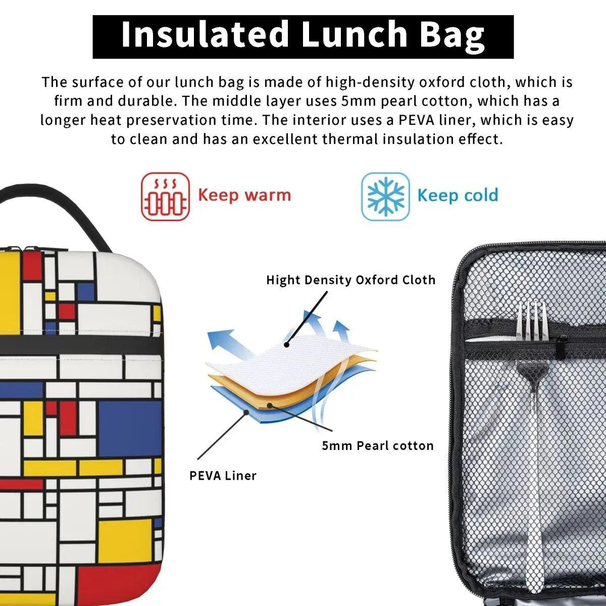 Piet Mondrian Insulated Lunch Bag for Women Kids Portable Food Boxes Thermal Lunch Box Tote