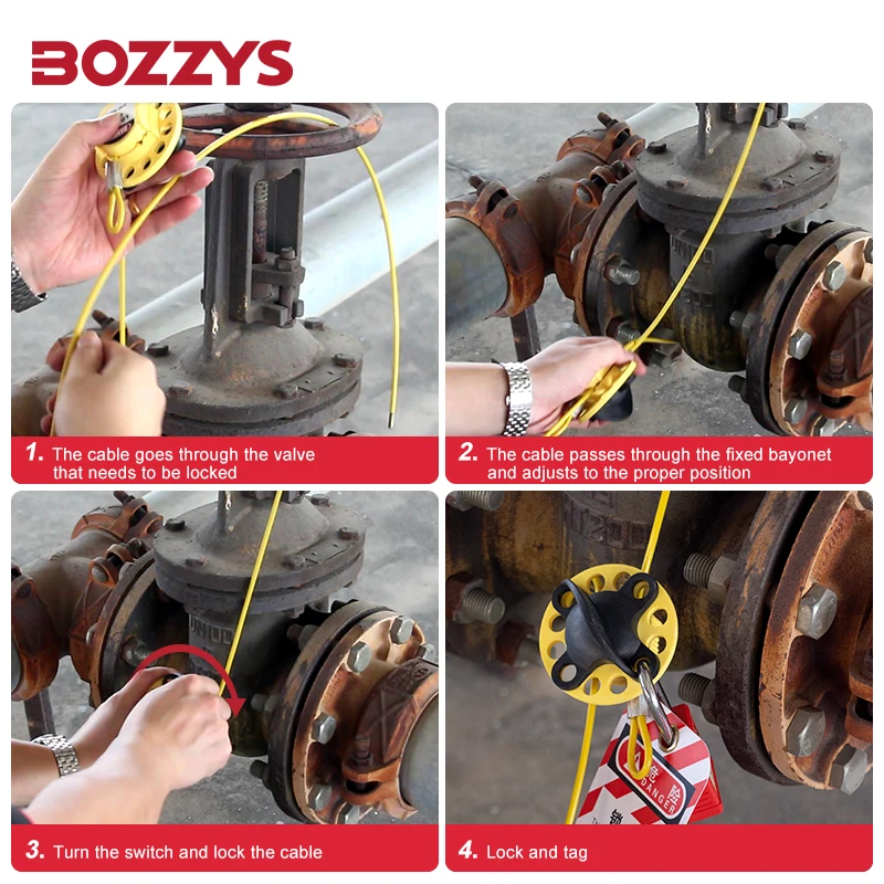 BOZZYS Adjustable Wheel Type Cable Lockout with 4MM*2M Yellow Plastic-coated Stainless Steel Cable for Industrial Lcokout Tagout