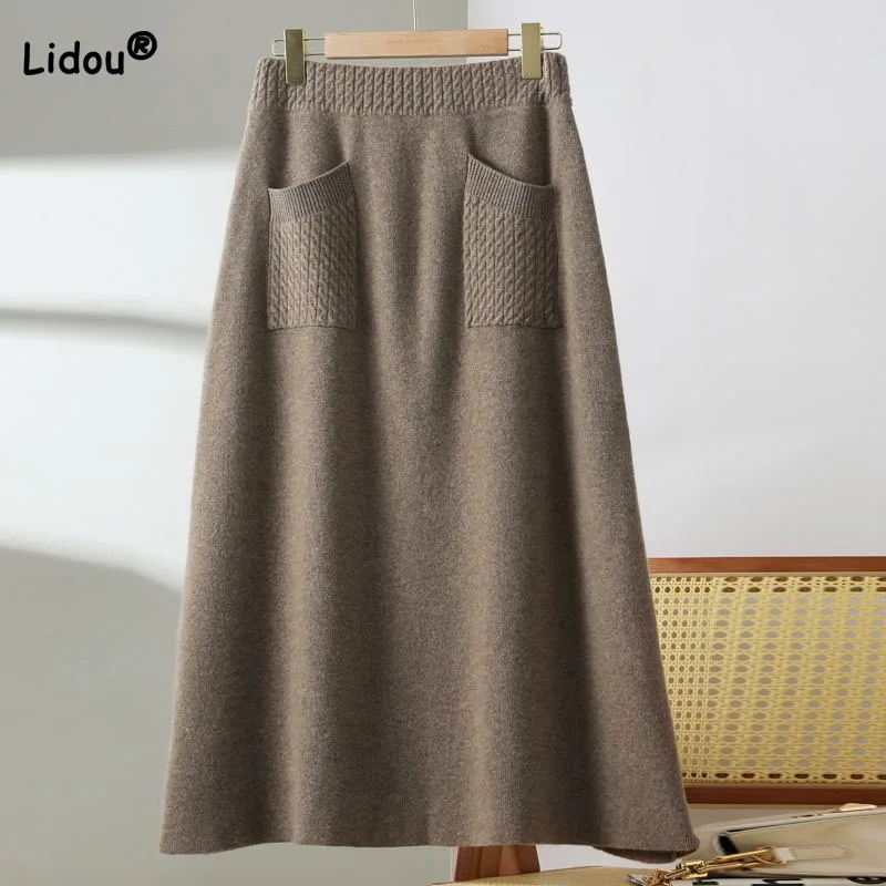 

Autumn Winter New A-Line Solid Color Vintage Knitted Skirt Women's Clothing Fashion All-match Pockets Elastic High Waist Skirts
