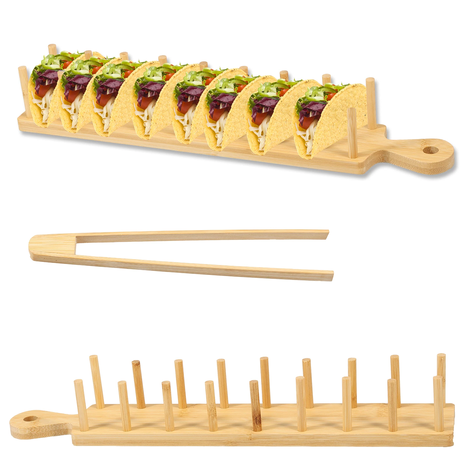 

2pcs Bamboo Taco Tray with Tong Rectangular Taco Holder Holds 8 Soft or Hard Shell Tacos Large Taco Holder Stand Multipurpose