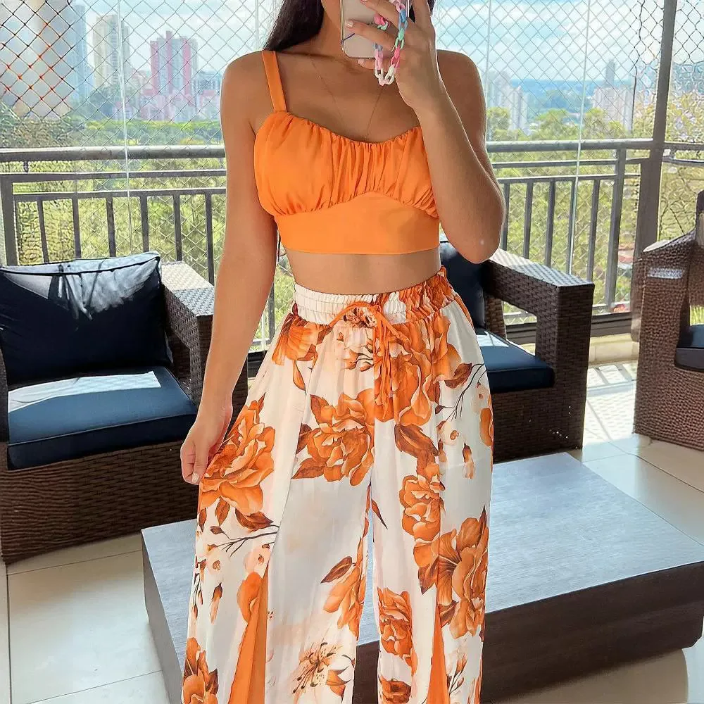 Two Piece Sets Women Pant Set Print Floral Sling Sleeveless Sexy Short Tops High Waist Lace Up Wide Leg Long Pants Matching Sets