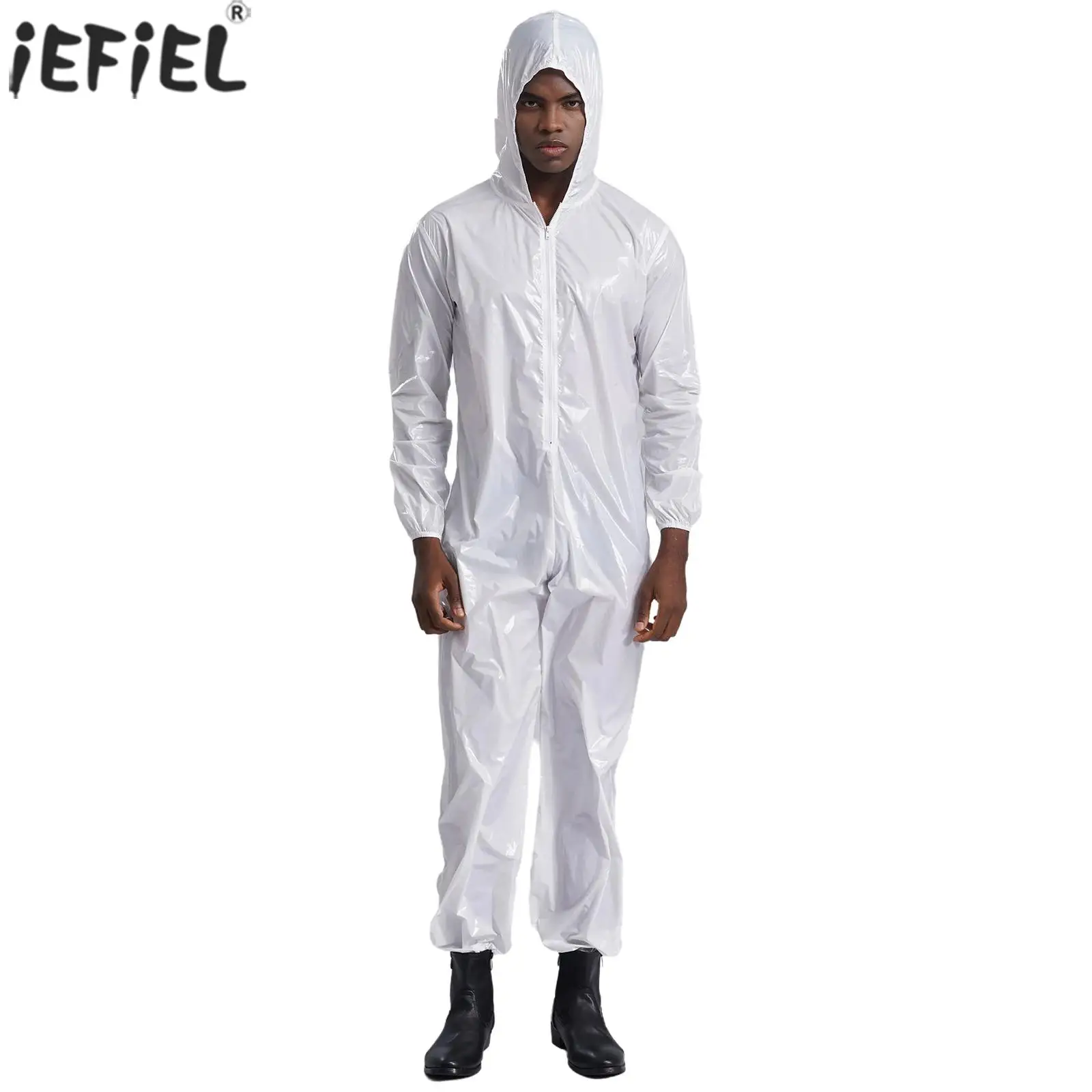 PVC Hooded Coverall for Men Long Sleeve Front Zipper Flame Resistant Dustproof Coated Chemical Splash Disposable Work Jumpsuit