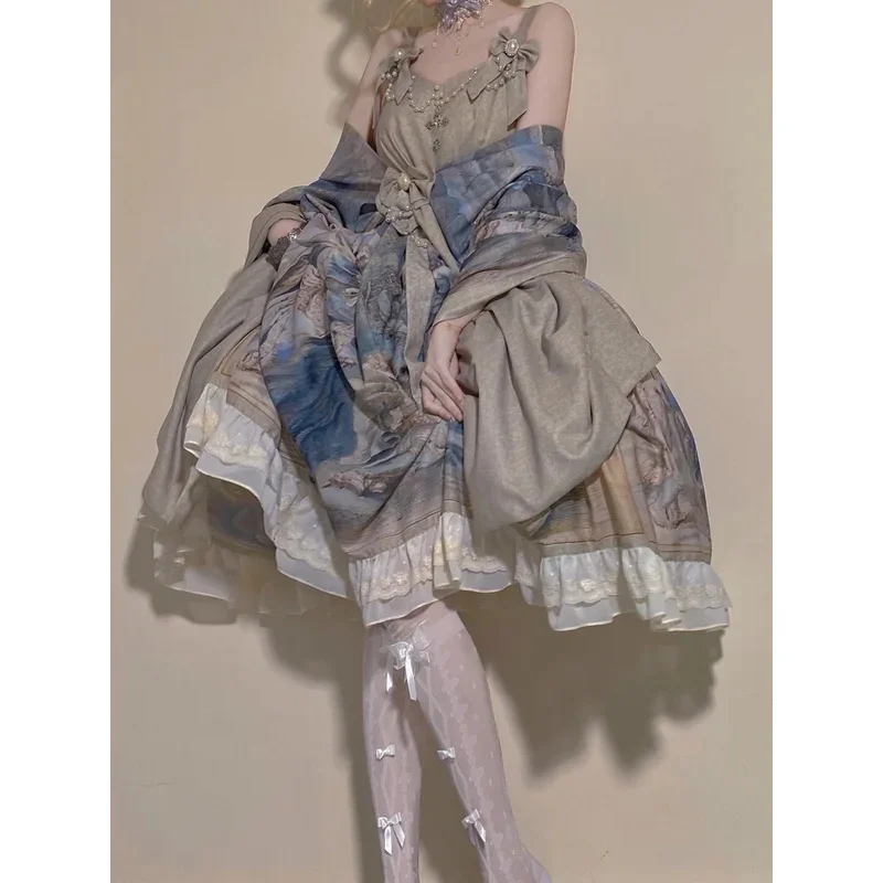 

FC6Lolita Palace Style Gorgeous Print Princess Set Sweet Elegant Oil Painting LOLita Halter JSK Dress Shawl@FC8！