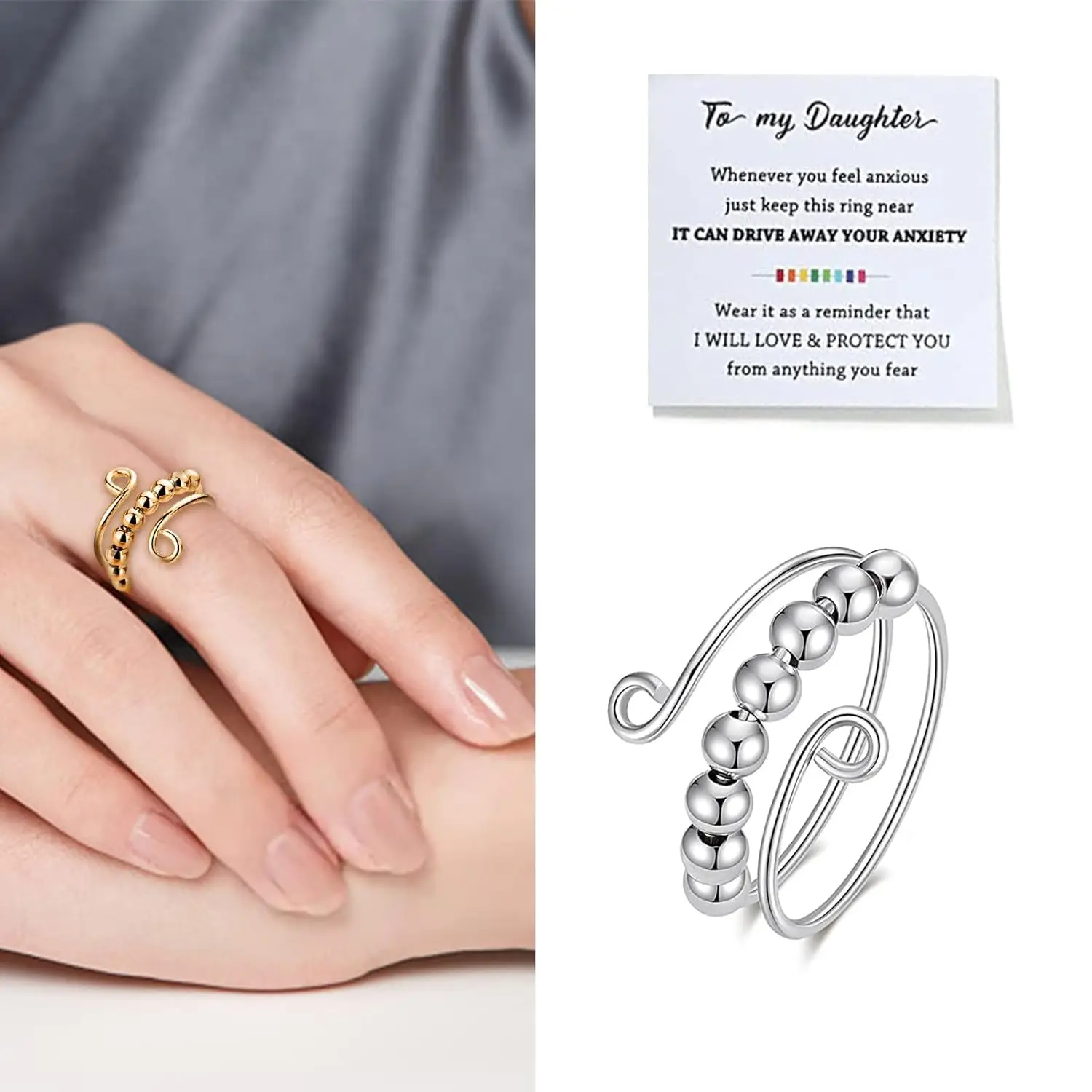 Geschenke für Tochter Fidget Ring, Fidget Ringe für Angstzustände für Frauen, verstellbare Ringe für Frauen Silber (Gold, Goldperle)