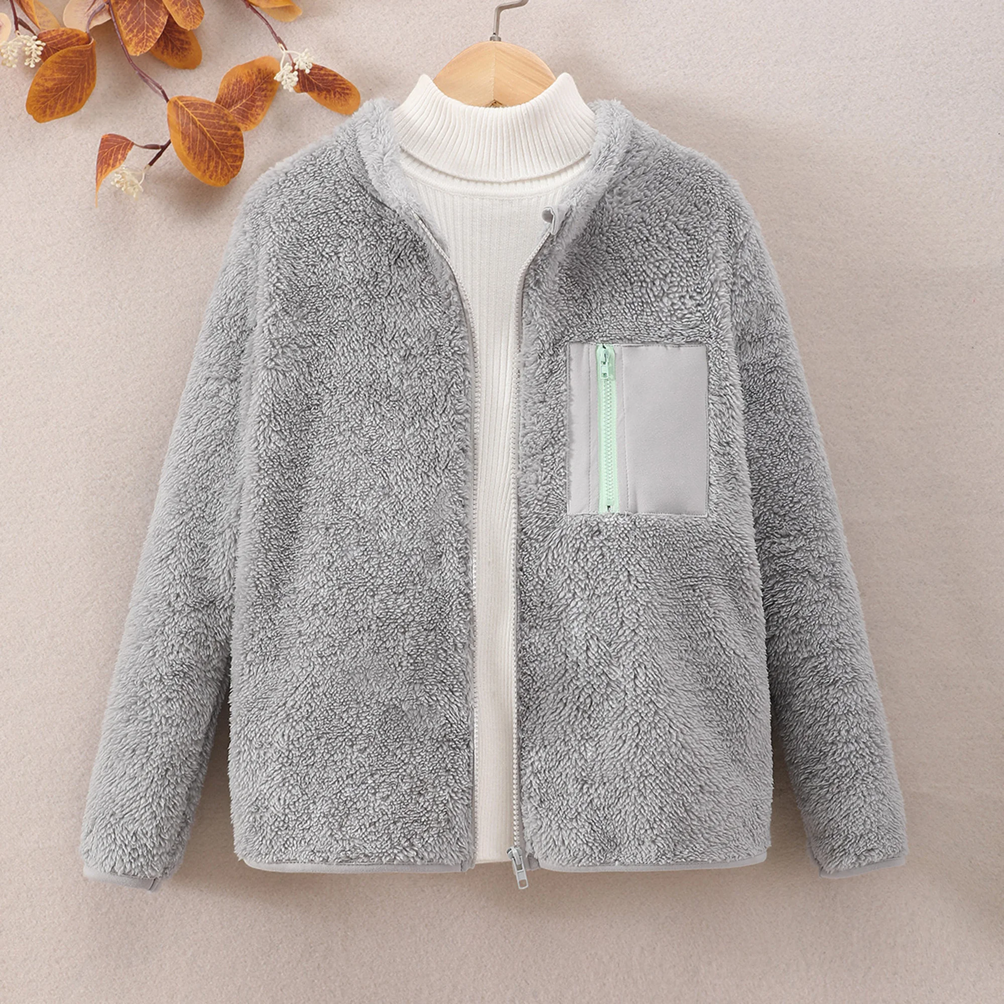 Caual Girls Pocket Front Plush Fleece Coat Comfortable Zipper Warm Stand Collar Teddy Jackets, Fall/Winter