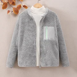 Caual Girls Pocket Front Plush Fleece Coat Comfortable Zipper Warm Stand Collar Teddy Jackets, Fall/Winter