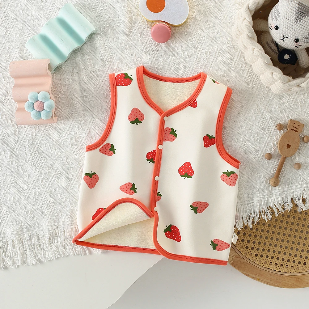 Girl\'S And Boys Autumn And Winter Vest Cute Strawberry Print Button Sleeveless Warm Vest Suitable For Children Aged 1-5