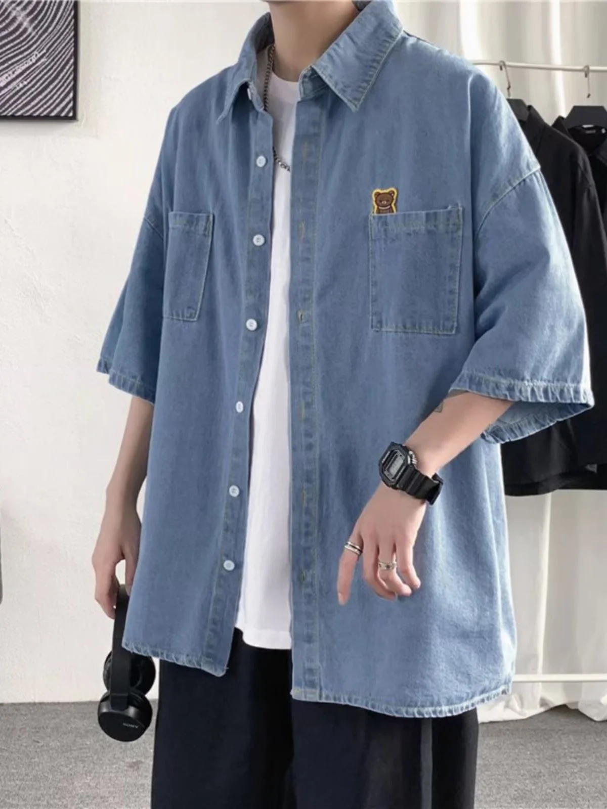 Smoke Grey Denim Shirt Jacket Style Summer Short Sleeve Men's Fashion Youthful Seven Sleeve Sunscreen Shirt Breathable Polyes...