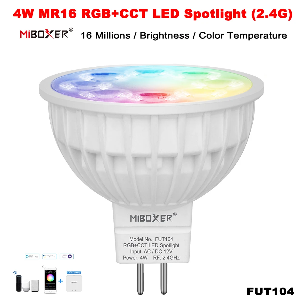 

Miboxer FUT104 AC/DC12V 2,4G MR16 Smart TUYA 4 Вт RGBCCT Цветовая температура/яркость Регулируемое приложение Прожектор с голосовым управлением