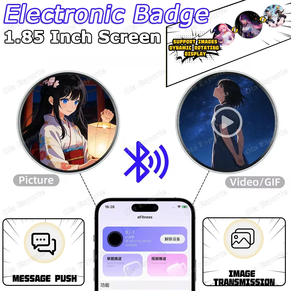 

New Electronic Badge Bluetooth Digital Badge 1.85 Inch Touch Screen LED DIY Photo Video Playback Game Peripheral Birthday Gifts