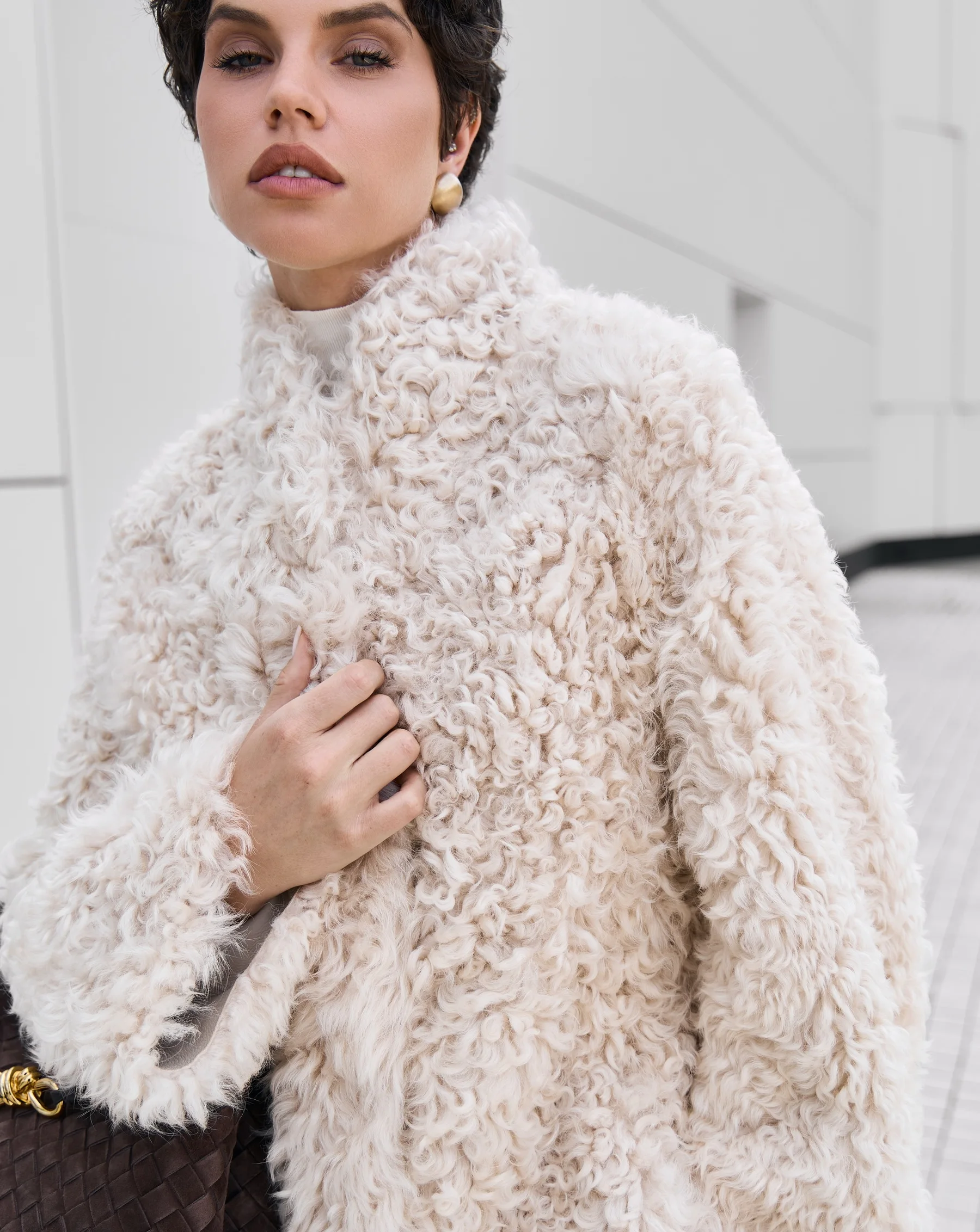 IG Women Cream Curly Faux Fur High Stand Collar Drawstring Cinched Waist Jacket, Long Sleeve Winter Warm Elegant Outerwear