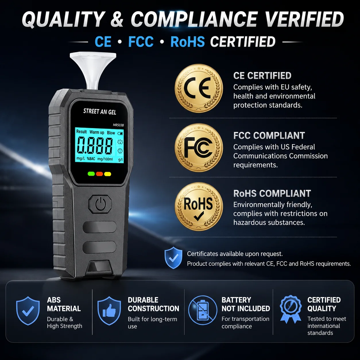 Professional Breathalyzer Alcohol Tester with Smart Sensor High Accuracy Dual Filter Built-in Purification Chamber Fast Response