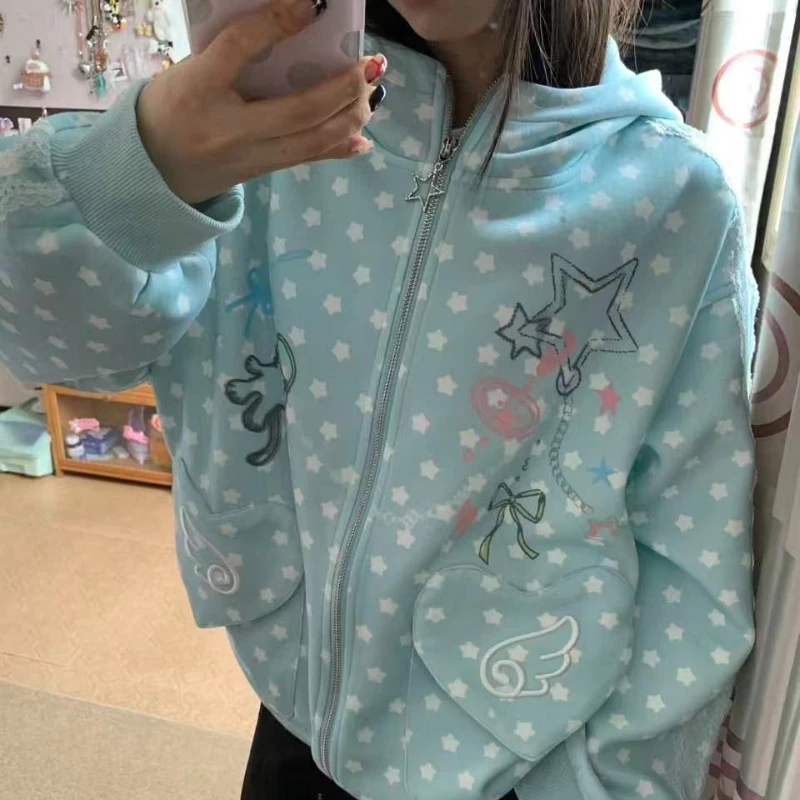 Y2K Sweet Zip Up Hoodie Women Polka Dot Star Print Lace Trim Heart Pocket Bow Wing Print Loose Fit Casual Streetwear Outfit 2026 view 6