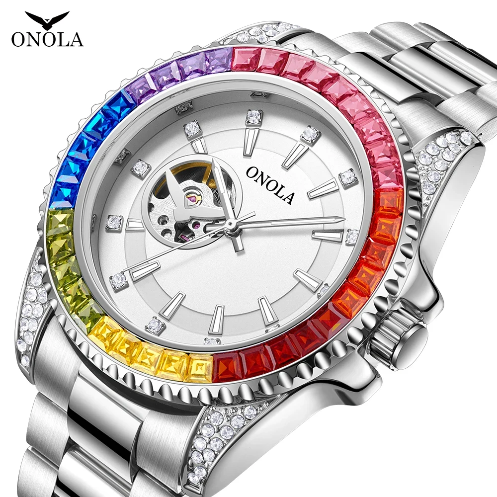 ONOLA Fashion Automatic Iced Watch Mens Luxury Square Rainbow Diamond Waterproof Stainless Steel Mechanics Man Wristwatches 2024