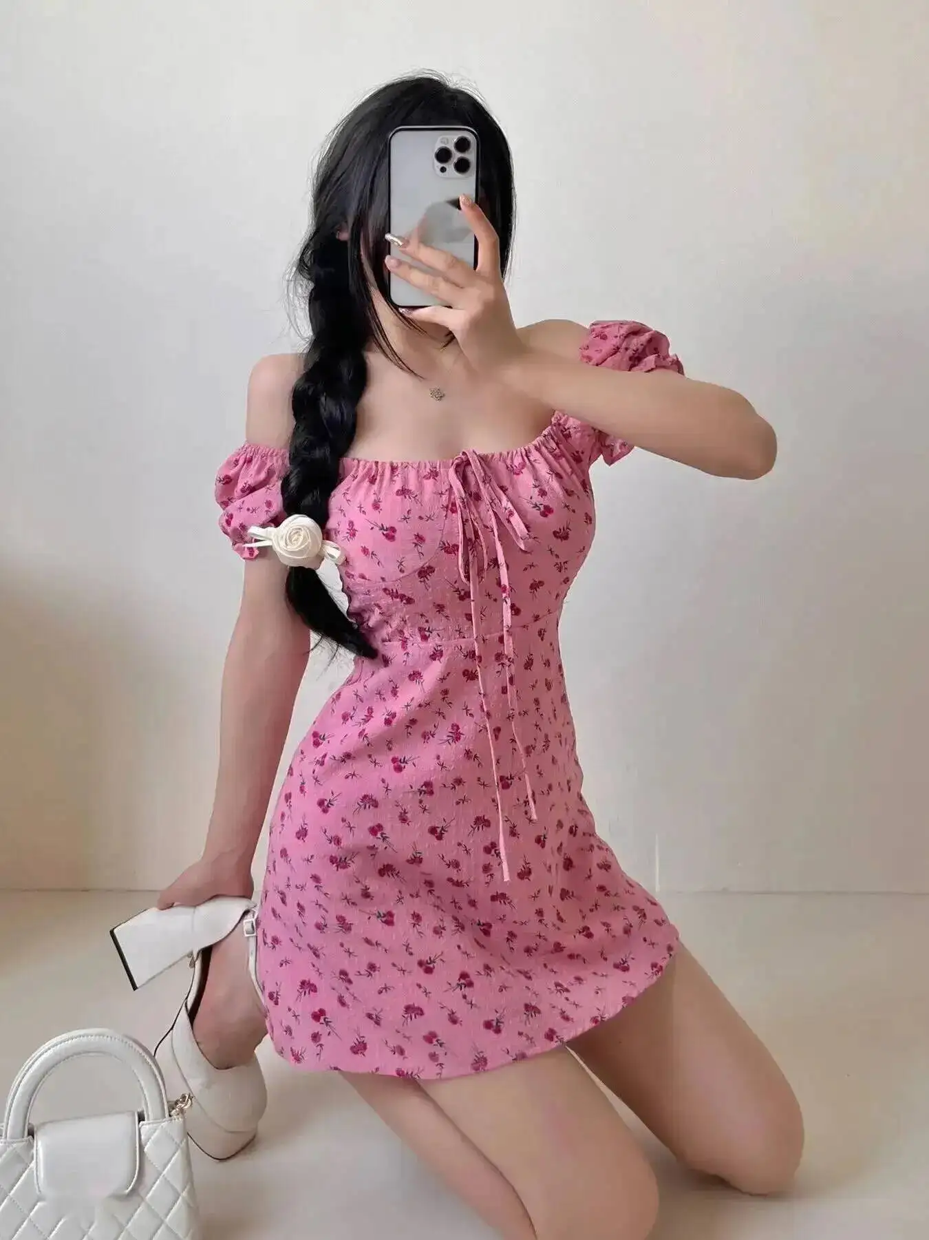 Abito floreale con colletto quadrato rosa rosa Elegante estate 2025 Nuova moda Bellissimo stile vacanza Bellissimo abito Top dolce GPU7