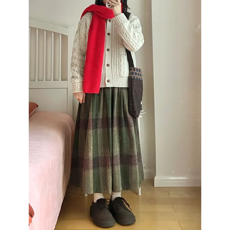 Green All Match Thick Woolen Forest Retro Fashion Casual Contrasting Plaid Half Skirt Mid Length Elastic Waist Elegant Skirt