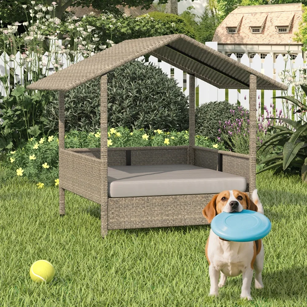

Wicker Dog House with Cushion for Small/Medium Dogs,Outdoor Indoor dog house with Canopy for Deck,Patio,Yard
