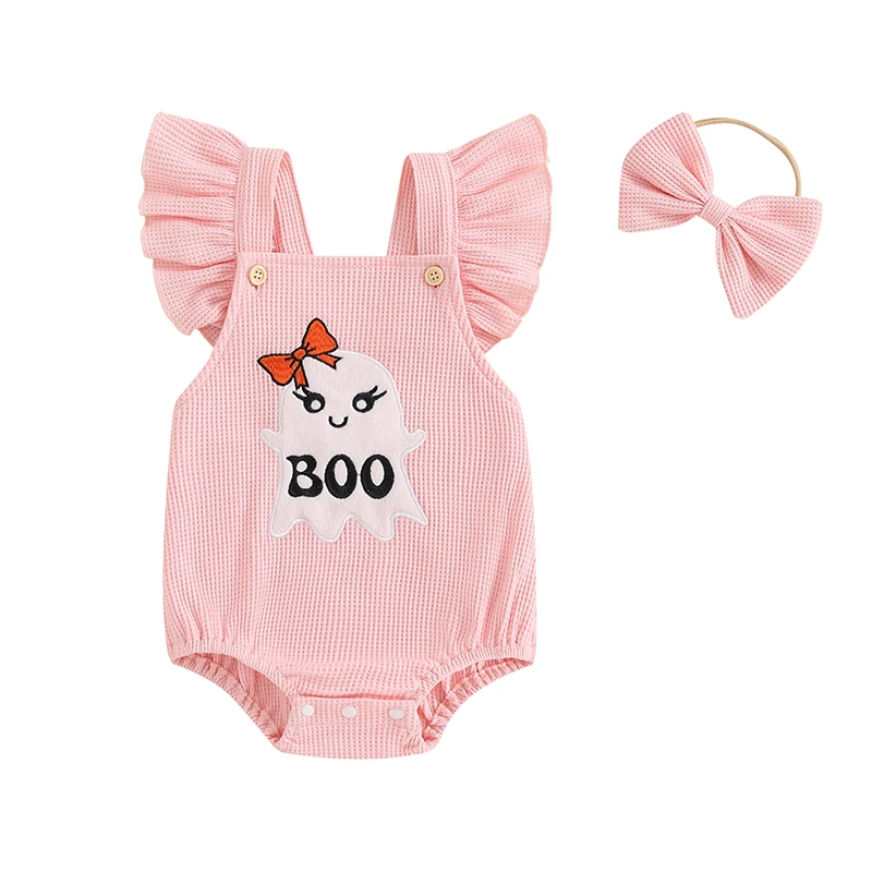 

Newborn Girl Outfit Fly Sleeve Embroidery Ghost Romper with Hairband Halloween Clothes