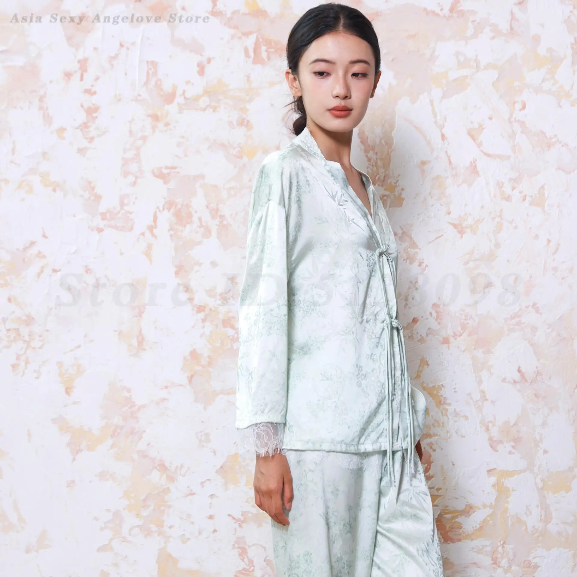 Sexy Lace Edge Pajamas Set New Chinese Style Printed Sleepwear V-Neck Long Sleeved Trouser Suits Nightwear Silky Satin Home Wear