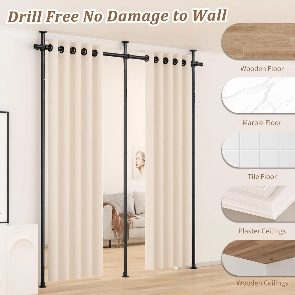 Adjustable Room Divider, No Drilling Curtain Rod for Space Separation, Heavy Duty Freestanding Partition up to 10ft Height