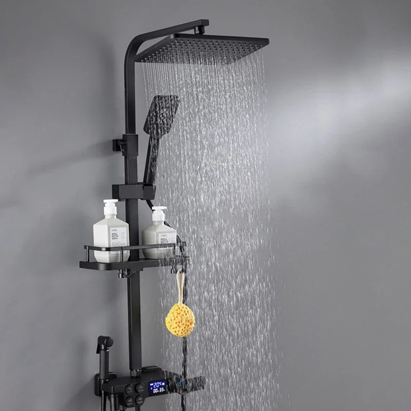 Wall Mounted Square Bathroom Shower System Black Gold LED Digital Hot Cold Thermostatic Shower Faucet Set Rainfall Bathtub Tap