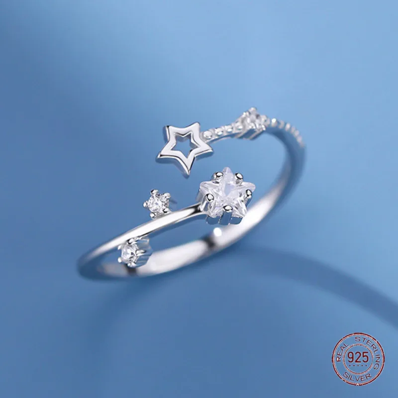 

925 Sterling Silver Star Inlaid Zircon Hollow Rings for Women Trend Index Finger Adjustable Promise Ring Marriage Luxury Jewelry