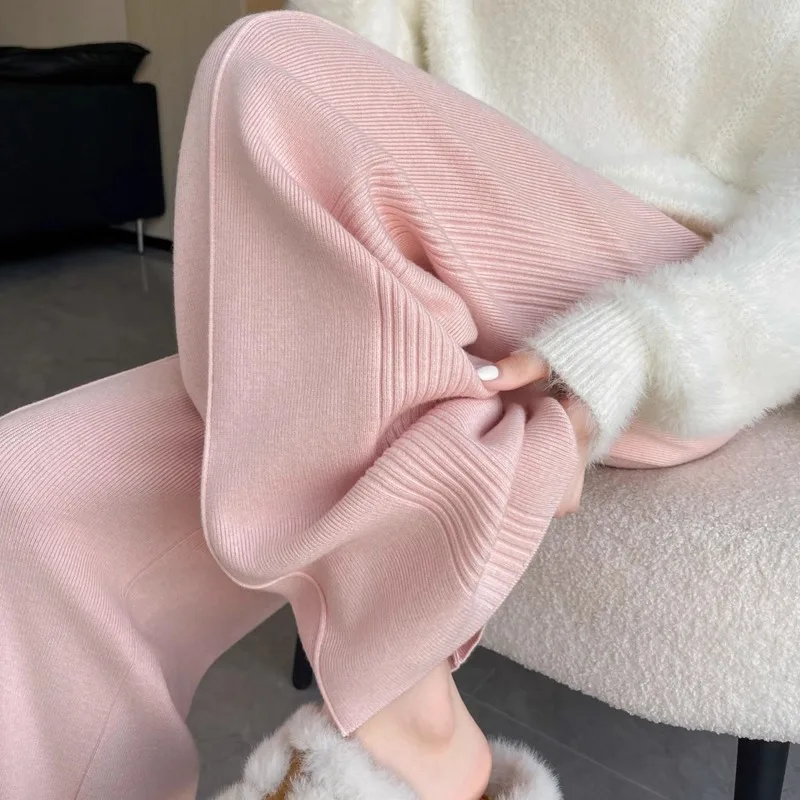 Soft Cozy Pink Knitted High Waist Draped Straight Leg Casual Floor Length Wide Leg Pants Women's Autumn Winter New Style