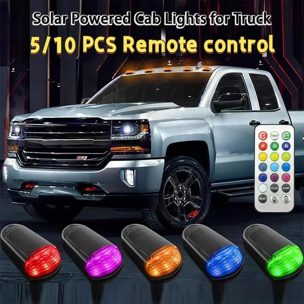 5/10PCS Solar Powered Cab Lights 7 Colors Punch-Free Solar Powered Cab Lights Remote Control Wireless Roof Lights