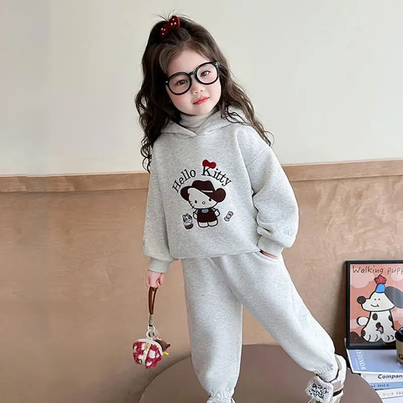 

Sanrio Hello Kitty Hoodie Two-Piece Set Girl Autumn Winter Thicken Tops Pants Child Kawaii Cartoon Fashion New Casual Clothing